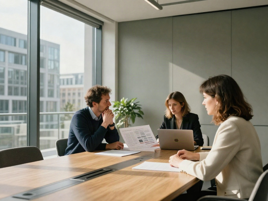 Professionals exploring business strategy together in a light-filled office